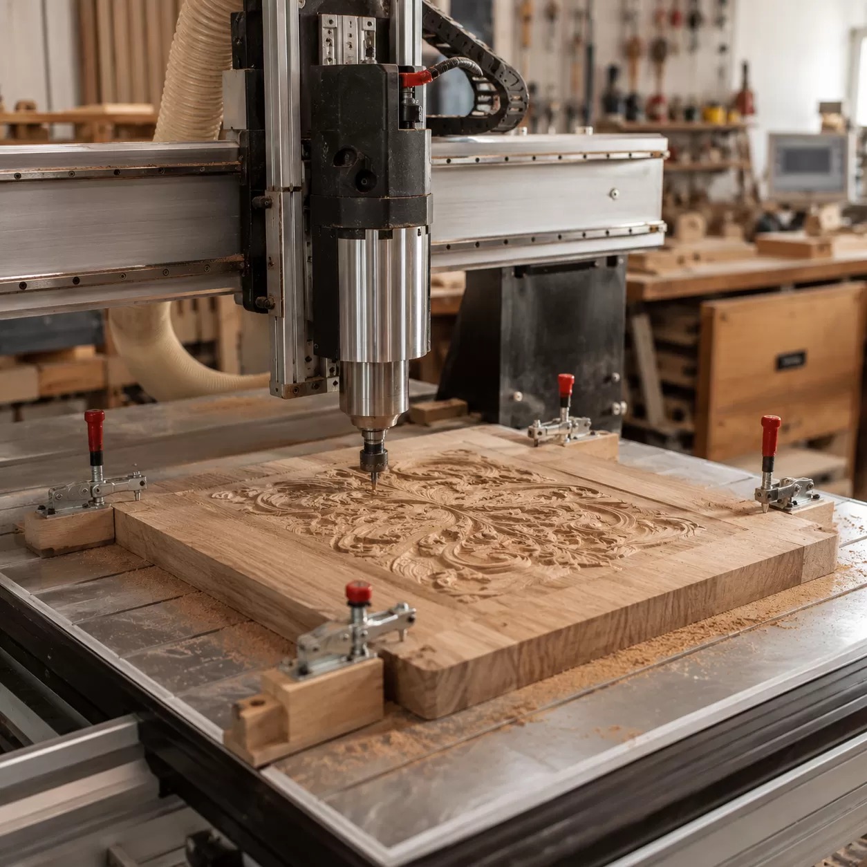 Prindere piesa lemn pe masa router CNC
