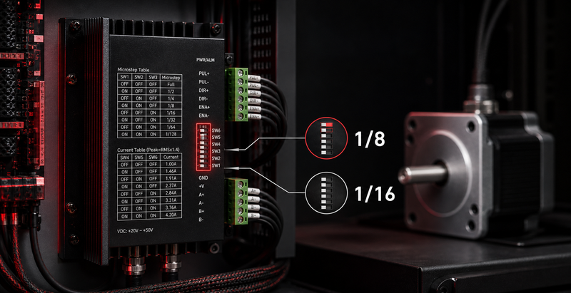 Driver pas cu pas DM542 cu setari de microstepping si curent pentru calibrarea CNC
